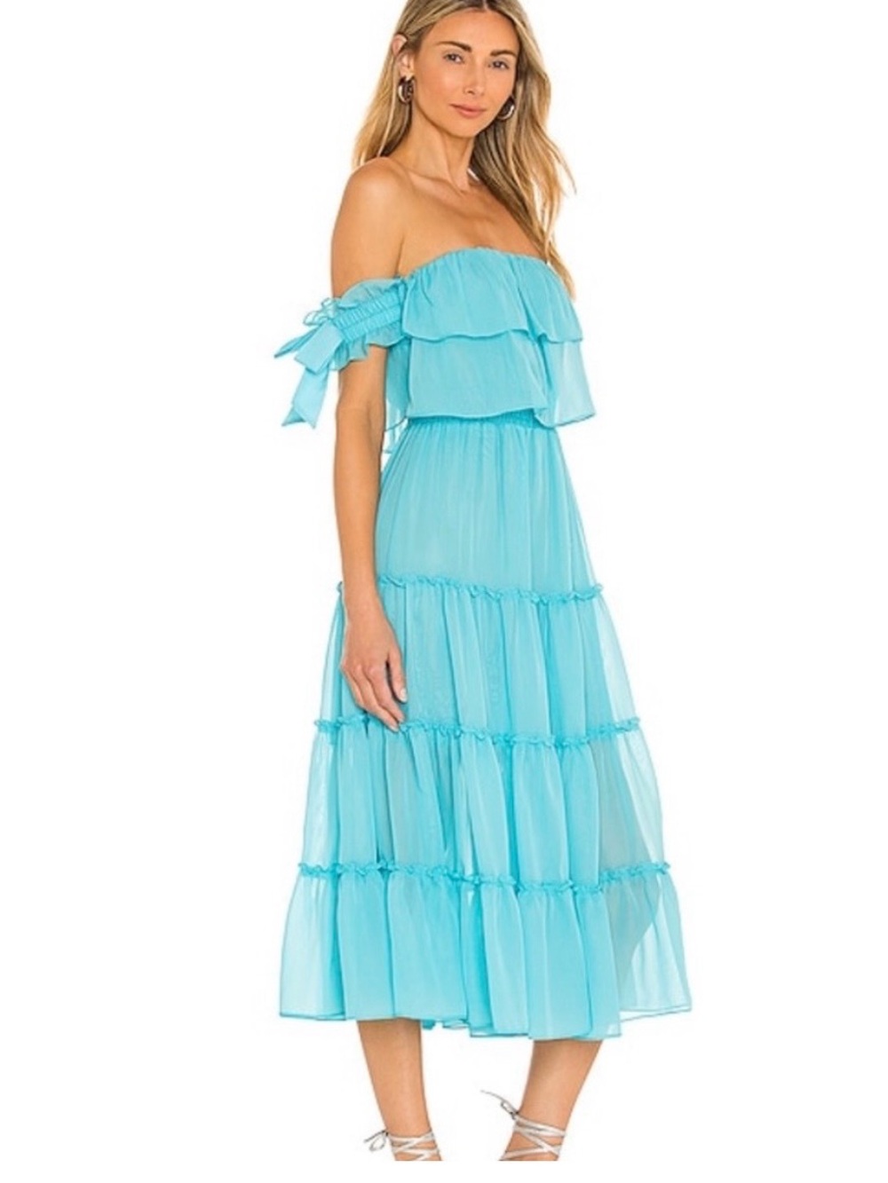 MISA Off-Shoulder Tiered Midi Dress in Aqua Blue